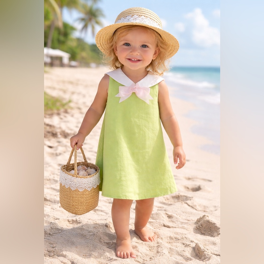 JACK & TEDDY Girls Linen Sailor Dress Lime Green 4 NEW